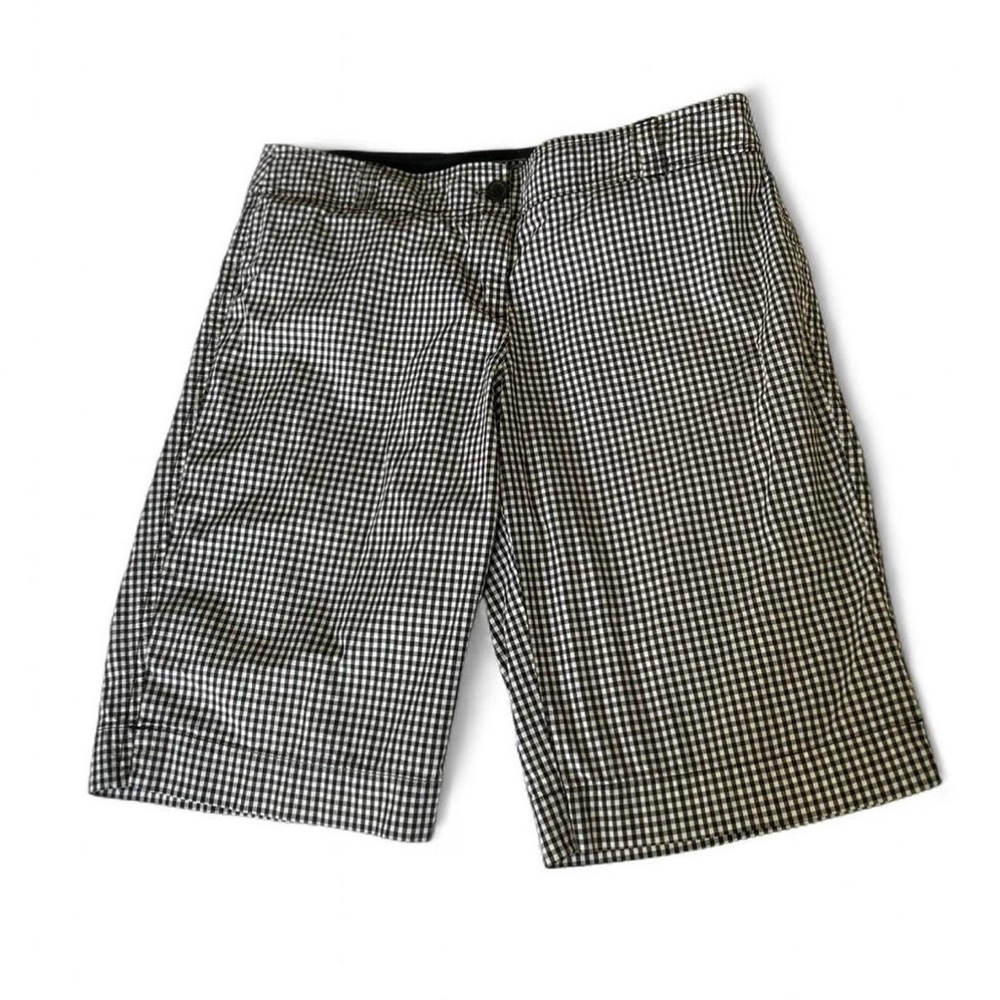 Chino Bermuda Shorts Flat Front Gingham Check Black & White Plaid Stretch Size 8